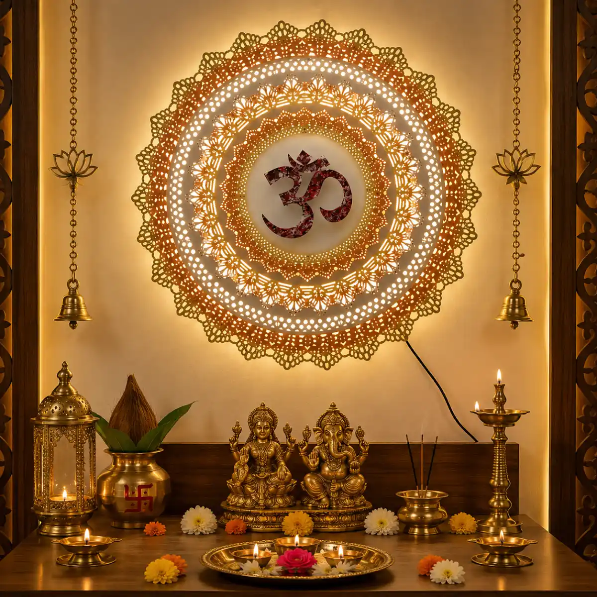 Spiritual Om circle wall hanging metal décor with warm lighting in traditional pooja room