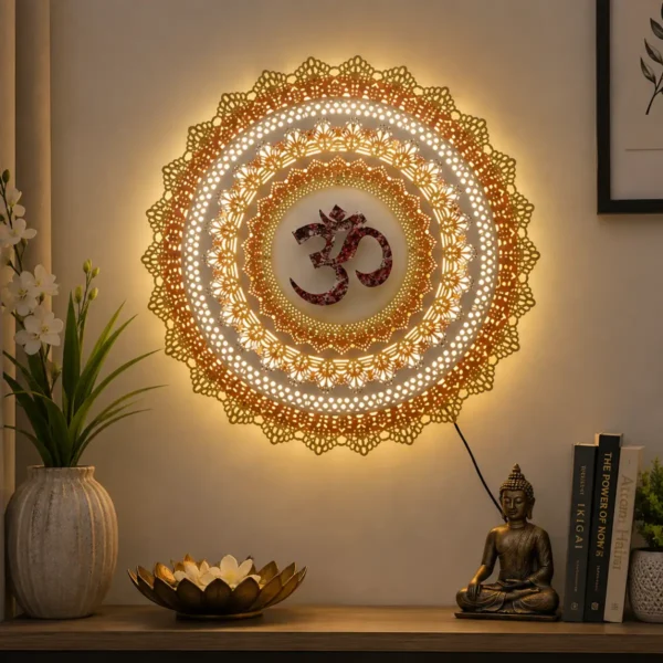 Illuminated Om circle wall hanging metal décor displayed in elegant modern home interior