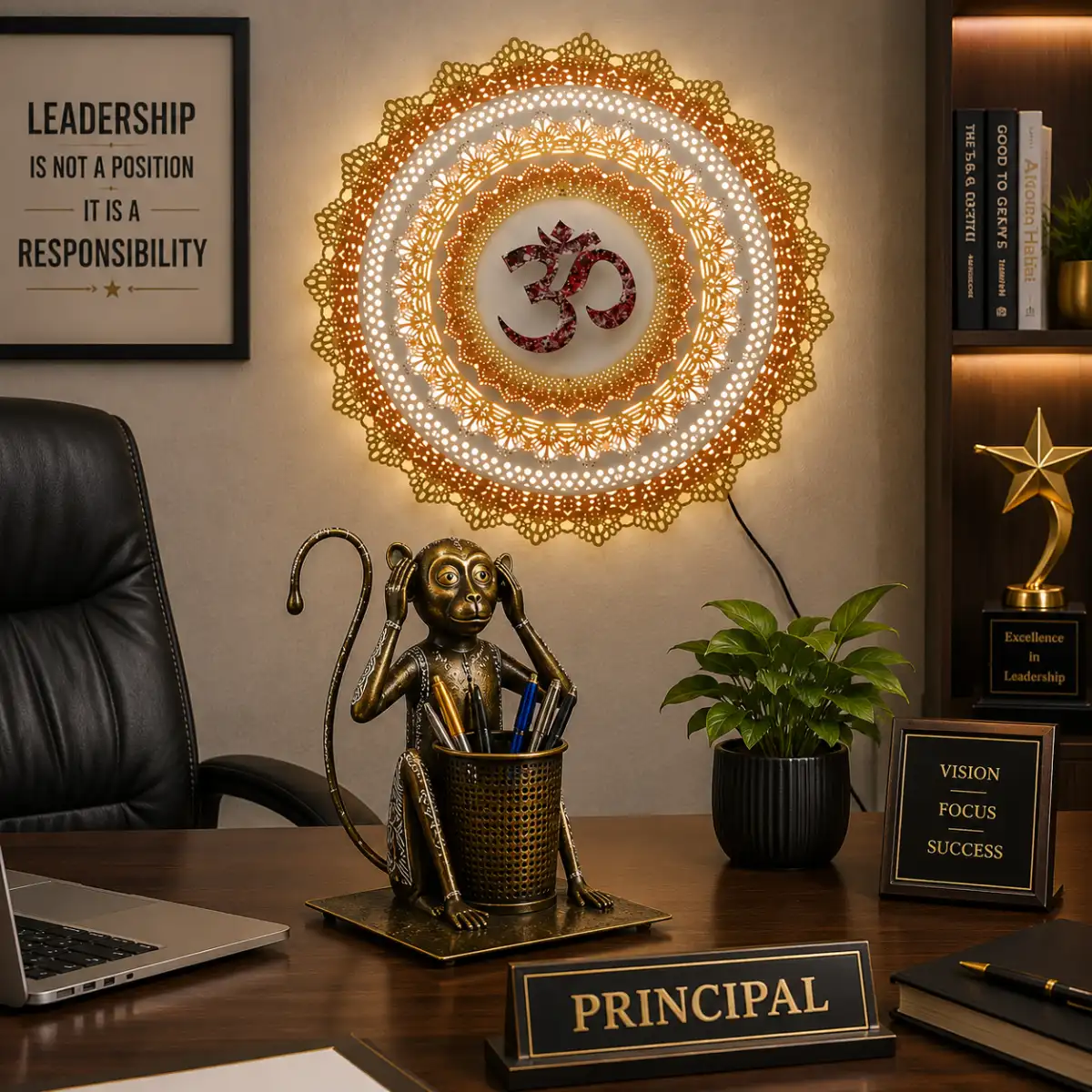 Decorative Om circle wall hanging metal displayed in stylish office workspace interior