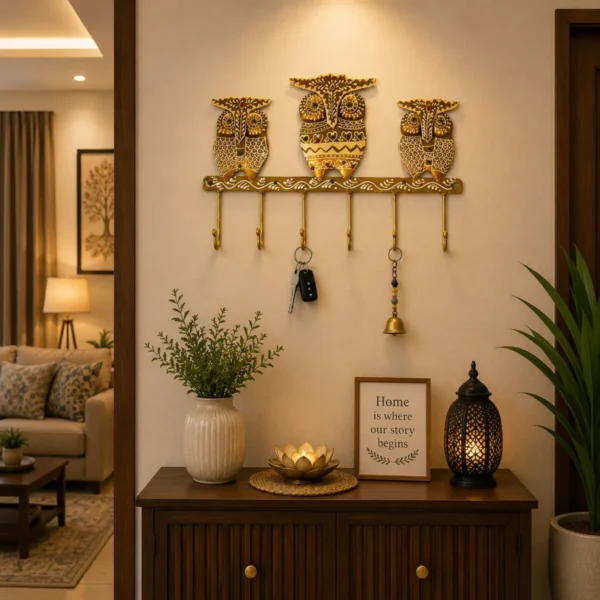 Decorative owl design iron key hanger mounted in elegant modern home interior