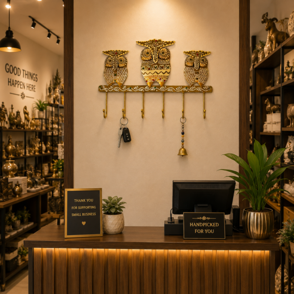 Iron owl design key hanger showcased in modern home décor and gift shop interior