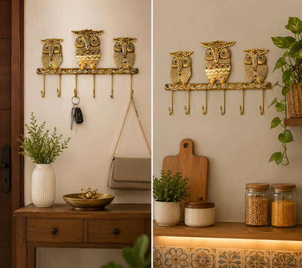 Stylish owl design key hanger displayed on hallway wall with decorative console table