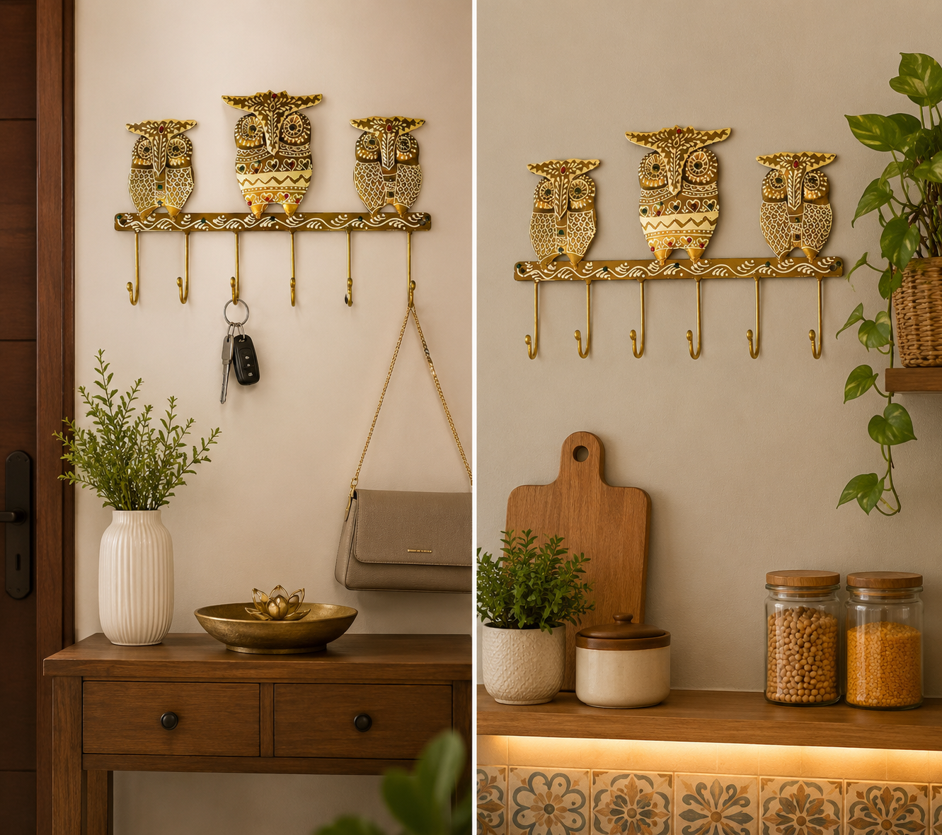 Stylish owl design key hanger displayed on hallway wall with decorative console table