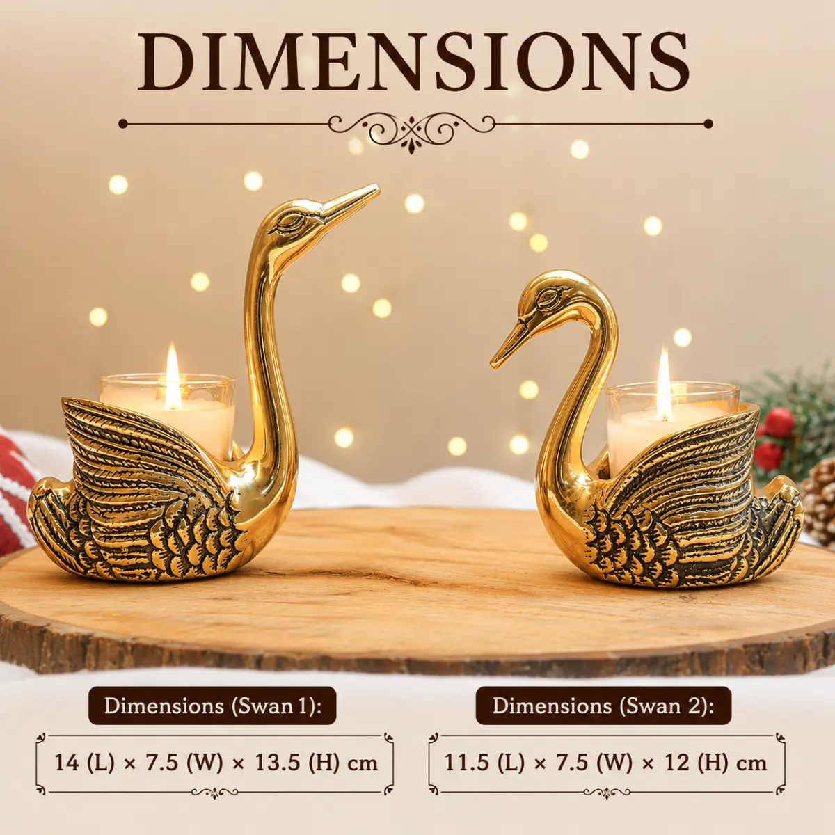 Pair of swans candle holder dimensions image showing Swan 1 and Swan 2 size details in centimeters