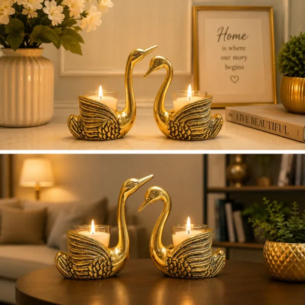 Elegant gold pair of swans candle holder displayed on stylish living room table décor