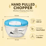 High-quality hand pulled chopper with 500ml capacity and three sharp cutting blades.