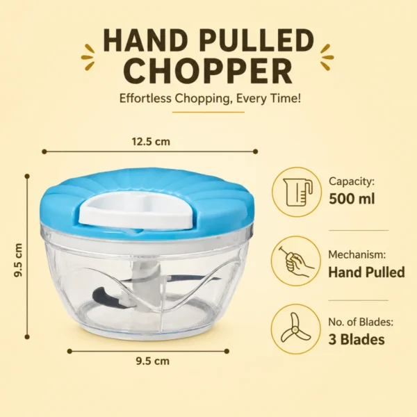 High-quality hand pulled chopper with 500ml capacity and three sharp cutting blades.