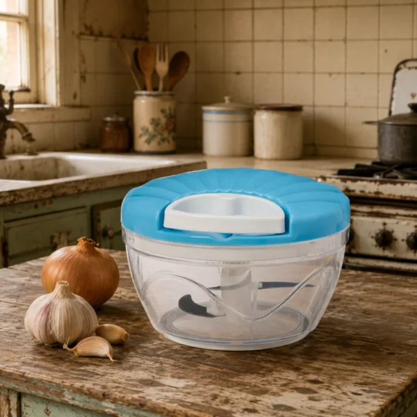 Reliable vegetable chopper with transparent container and sturdy hand-pull chopping system.