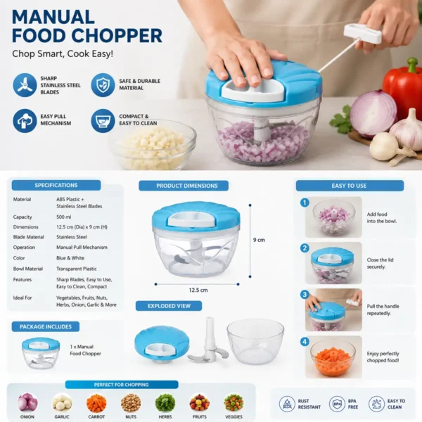 Best manual food chopper with pull-cord mechanism, stainless steel blades and easy operation.