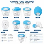 Durable manual food chopper showcasing multiple angles, detachable parts and compact design.