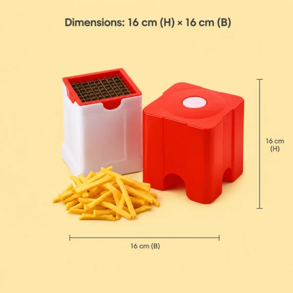 Compact French fry cutter with dimensions and precise cutting blade measurements displayed.