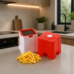 Durable hand-held French fry cutter with modern kitchen background and potato sticks.