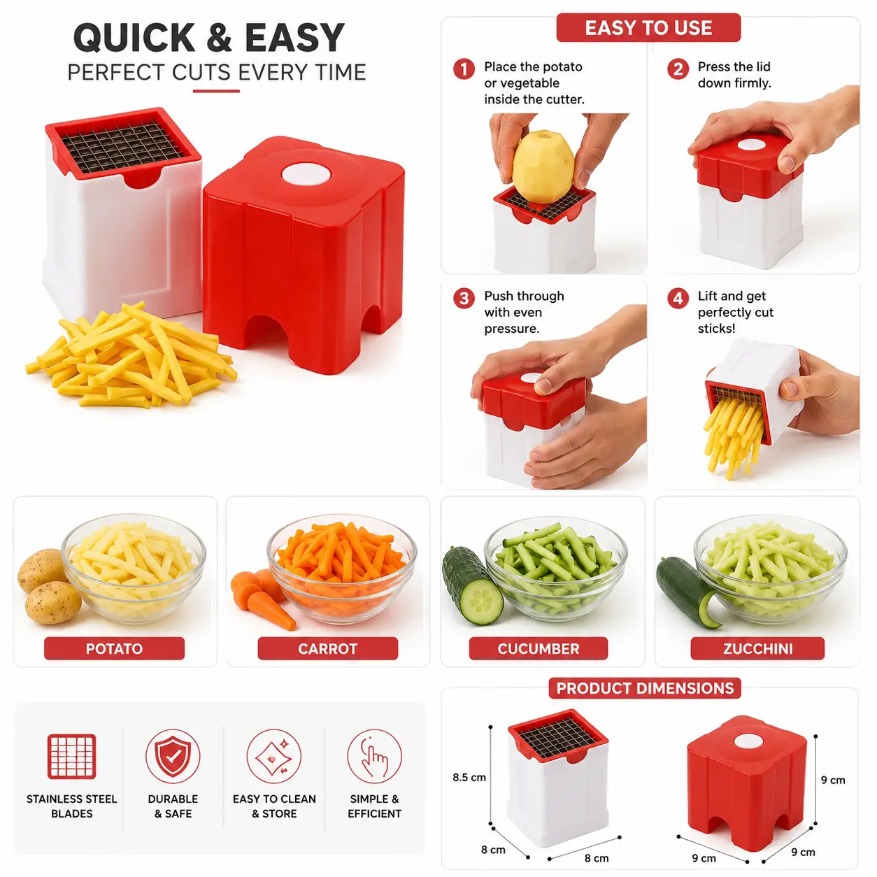 Advanced French fry cutter specifications chart showing features, dimensions, and usage steps.