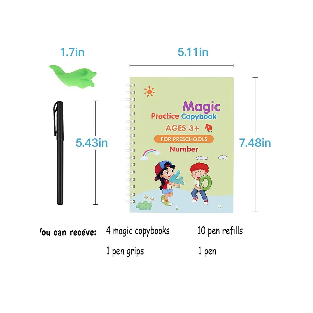 Premium magic practice copybook set with reusable pen, refills, and grip.