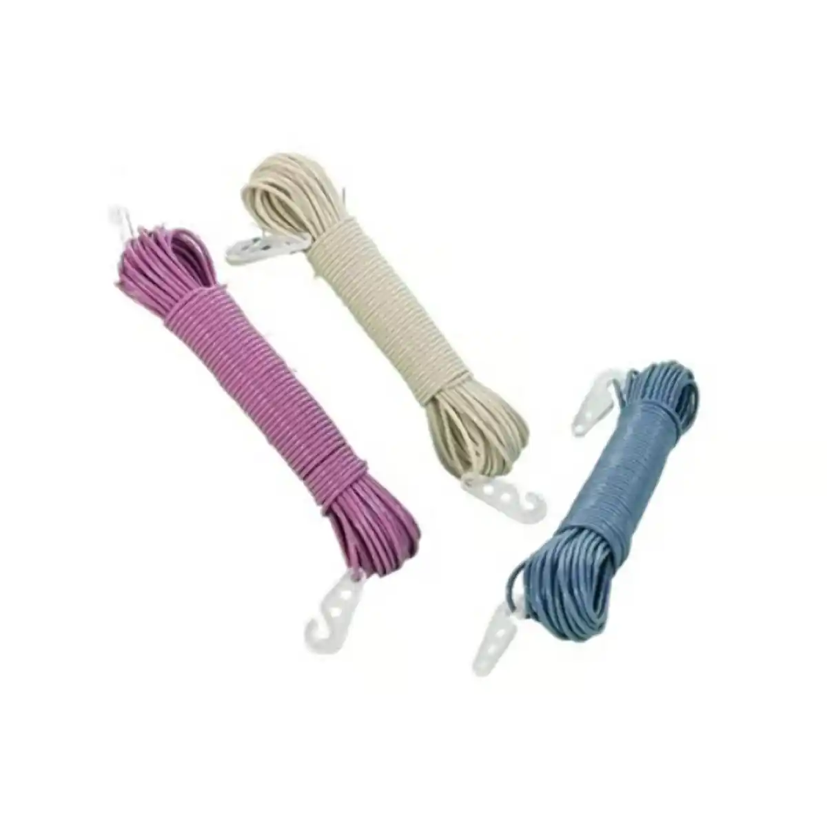 Colorful clothesline ropes with hanging hooks