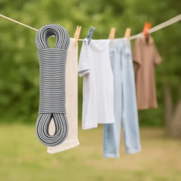Outdoor clothesline rope holding washed garments