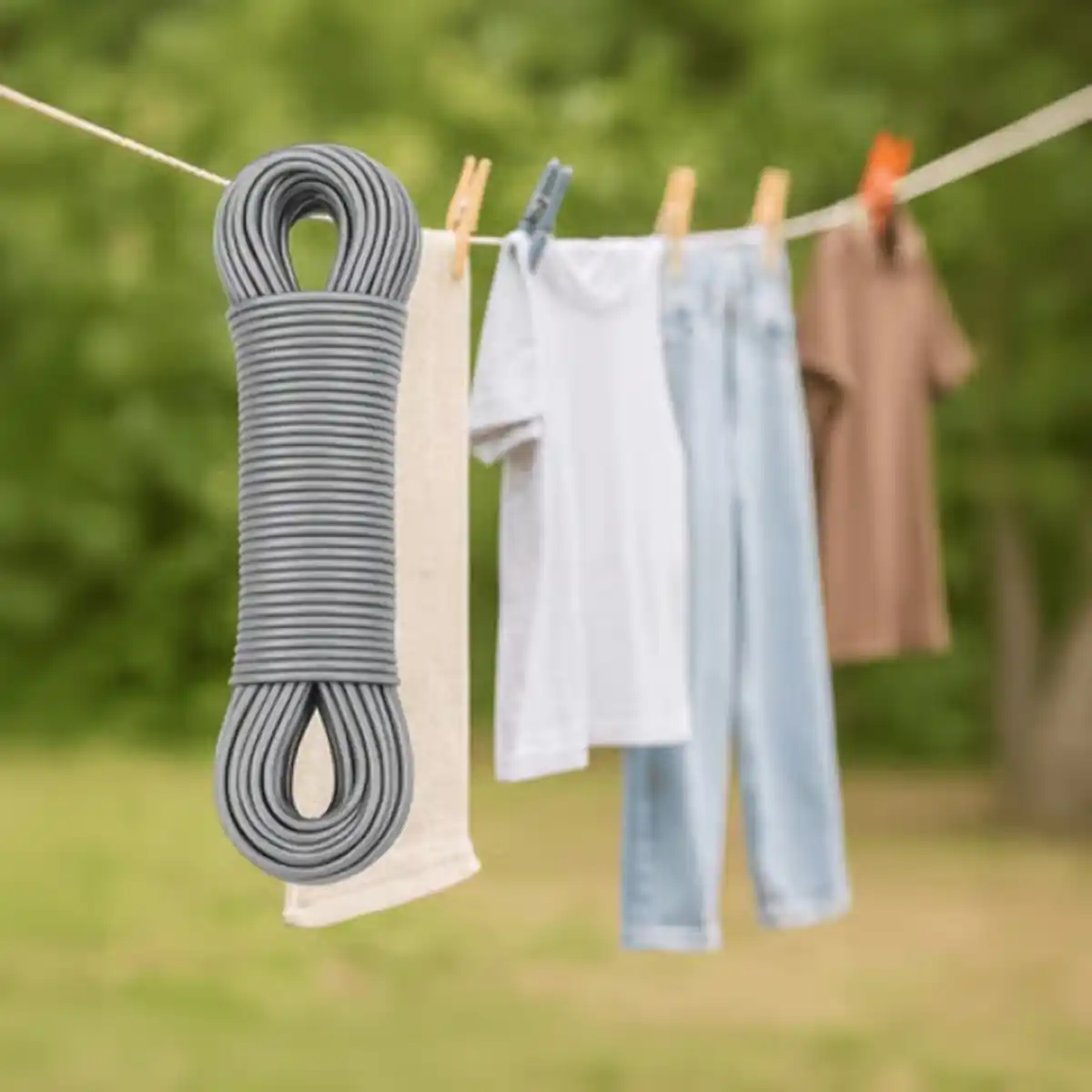 Outdoor clothesline rope holding washed garments