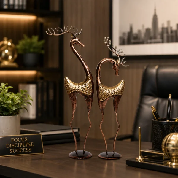 Stylish iron reindeer figurine set placed on luxury office desk decor