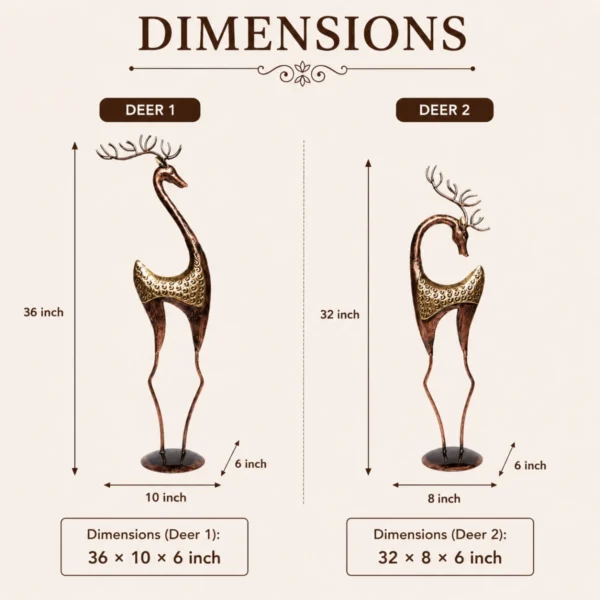 Reindeer home decor set of 2 dimensions image showing Deer 1 and Deer 2 size details in inches