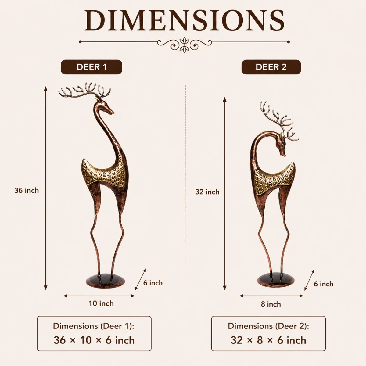 Reindeer home decor set of 2 dimensions image showing Deer 1 and Deer 2 size details in inches