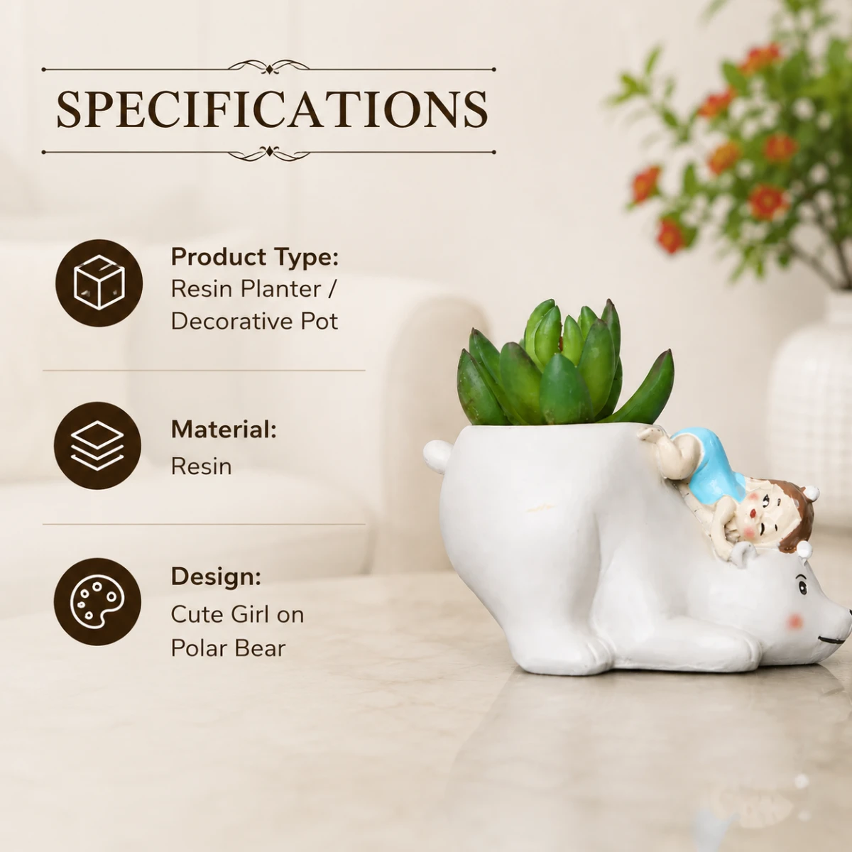 Specifications image of resin blue bear planter showing product type material and cute bear design deta