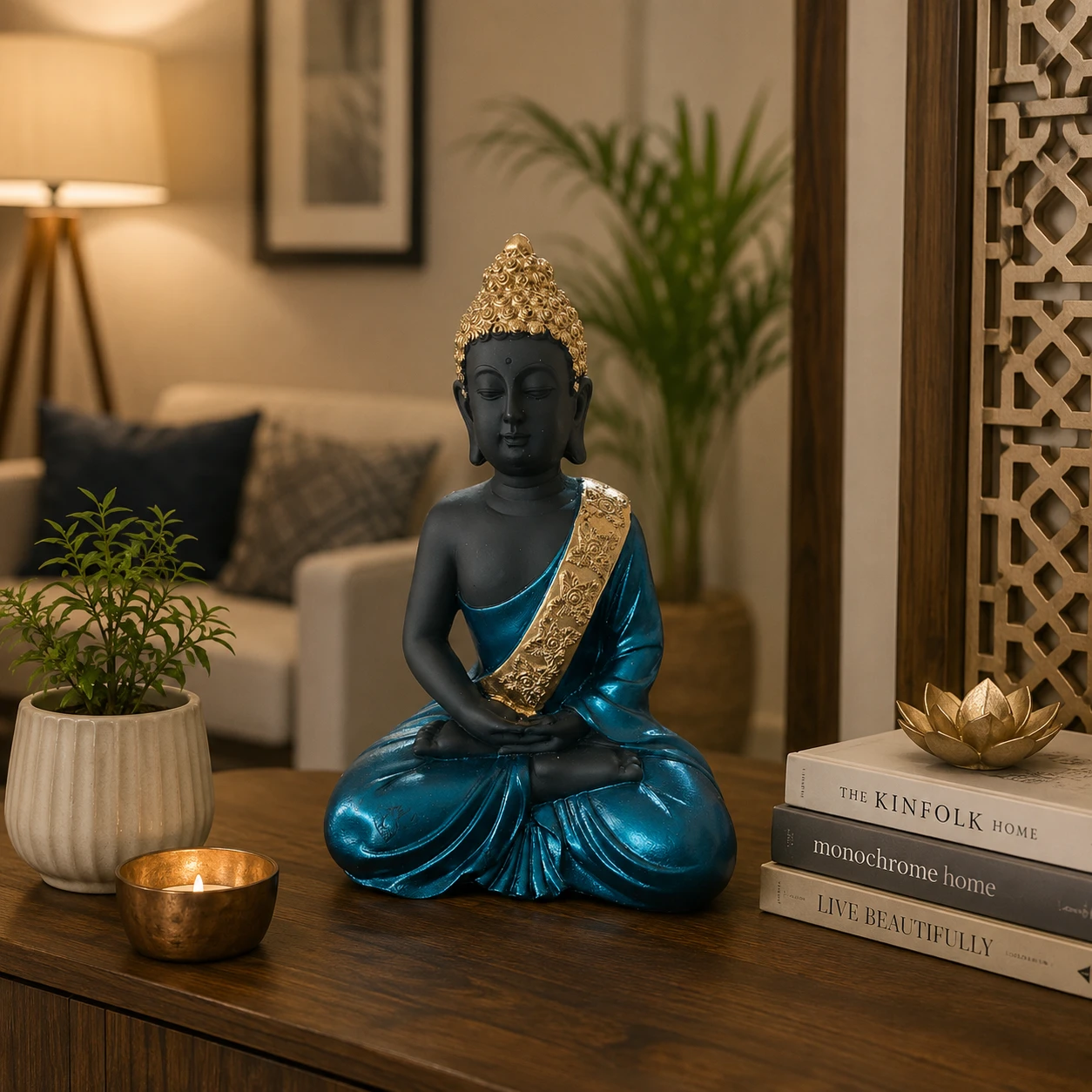 Samadhi Buddha resin décor statue placed in cozy family living room interior setup