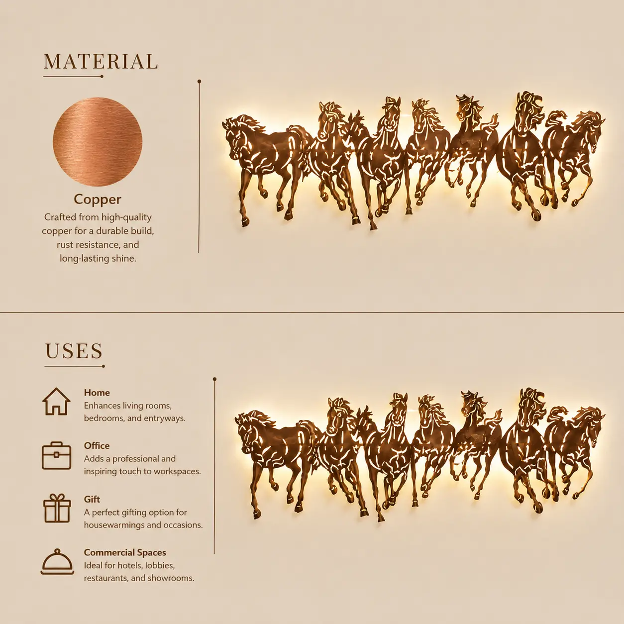 Copper LED horse wall art material and usage infographic