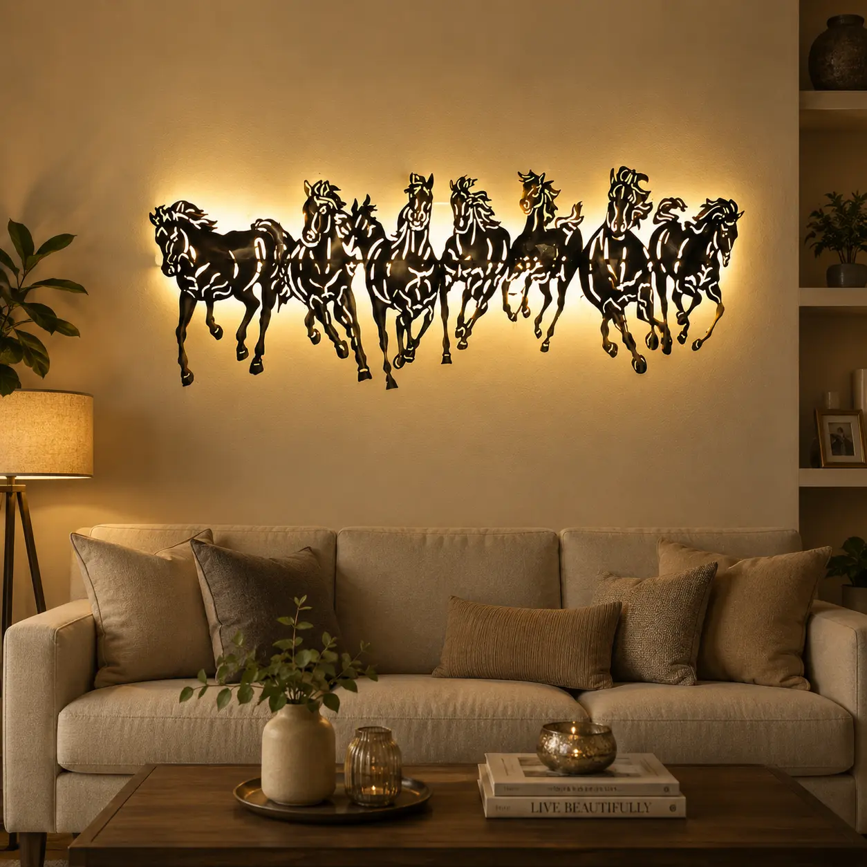 Seven Running Horses LED wall lamp in luxury living room