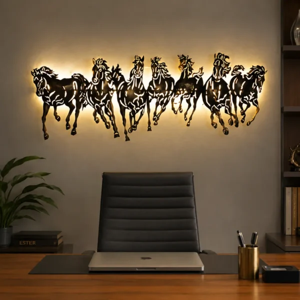 Seven Running Horses LED Wall Art in modern office interior