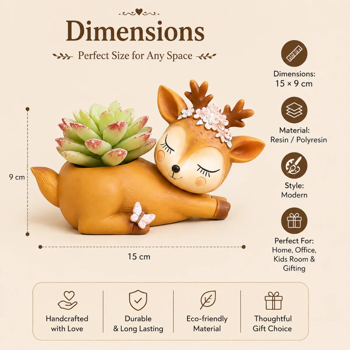 Sleeping deer planter dimensions image showing 15 × 9 cm decorative resin planter