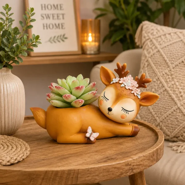Cute sleeping deer planter with succulent displayed in cozy modern home décor setup