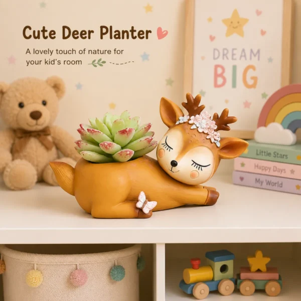 Adorable sleeping deer resin planter placed on shelf in pastel themed kids room décor