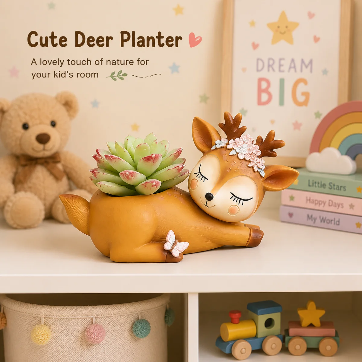 Adorable sleeping deer resin planter placed on shelf in pastel themed kids room décor