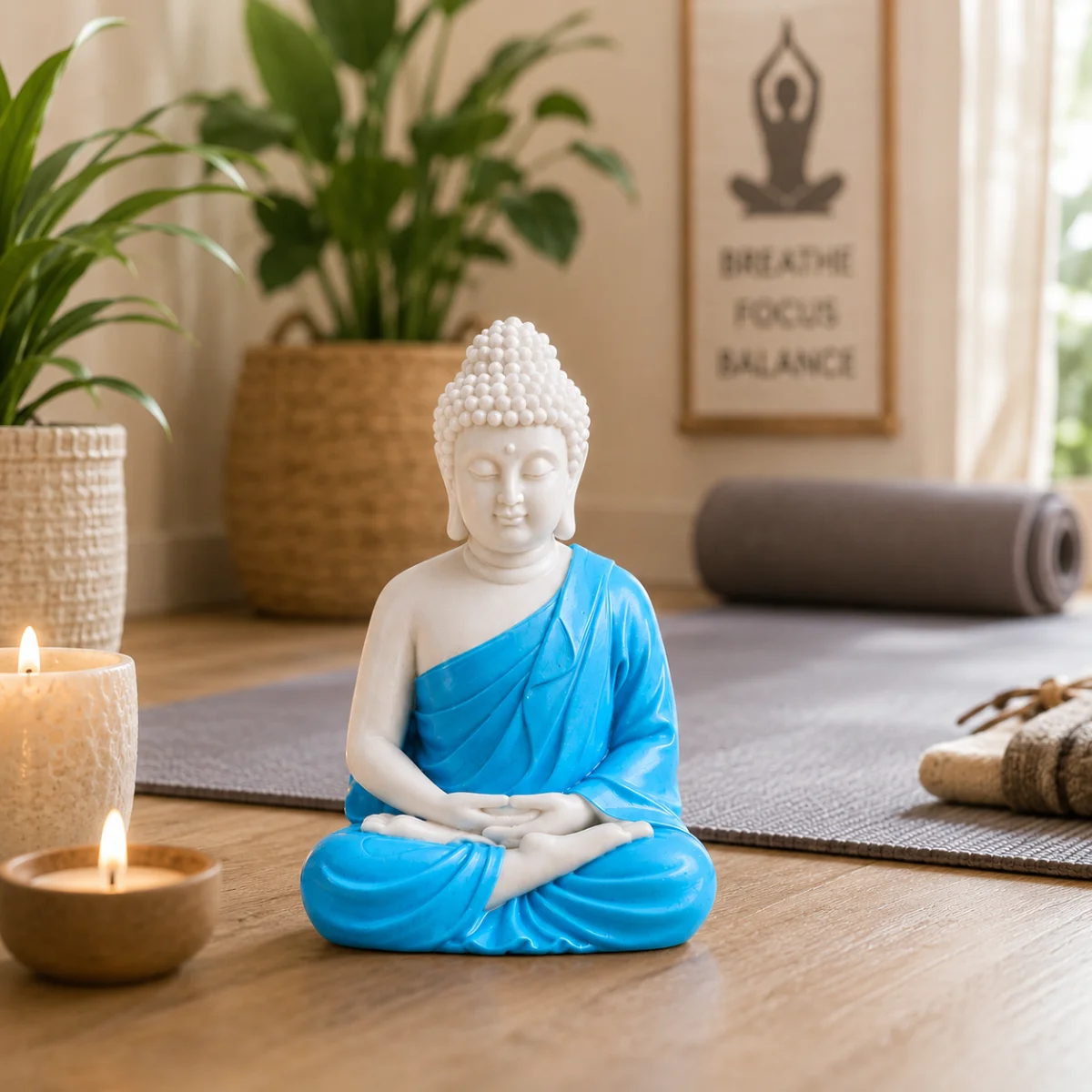 Traditional small blue Buddha statue placed in calming yoga and meditation space