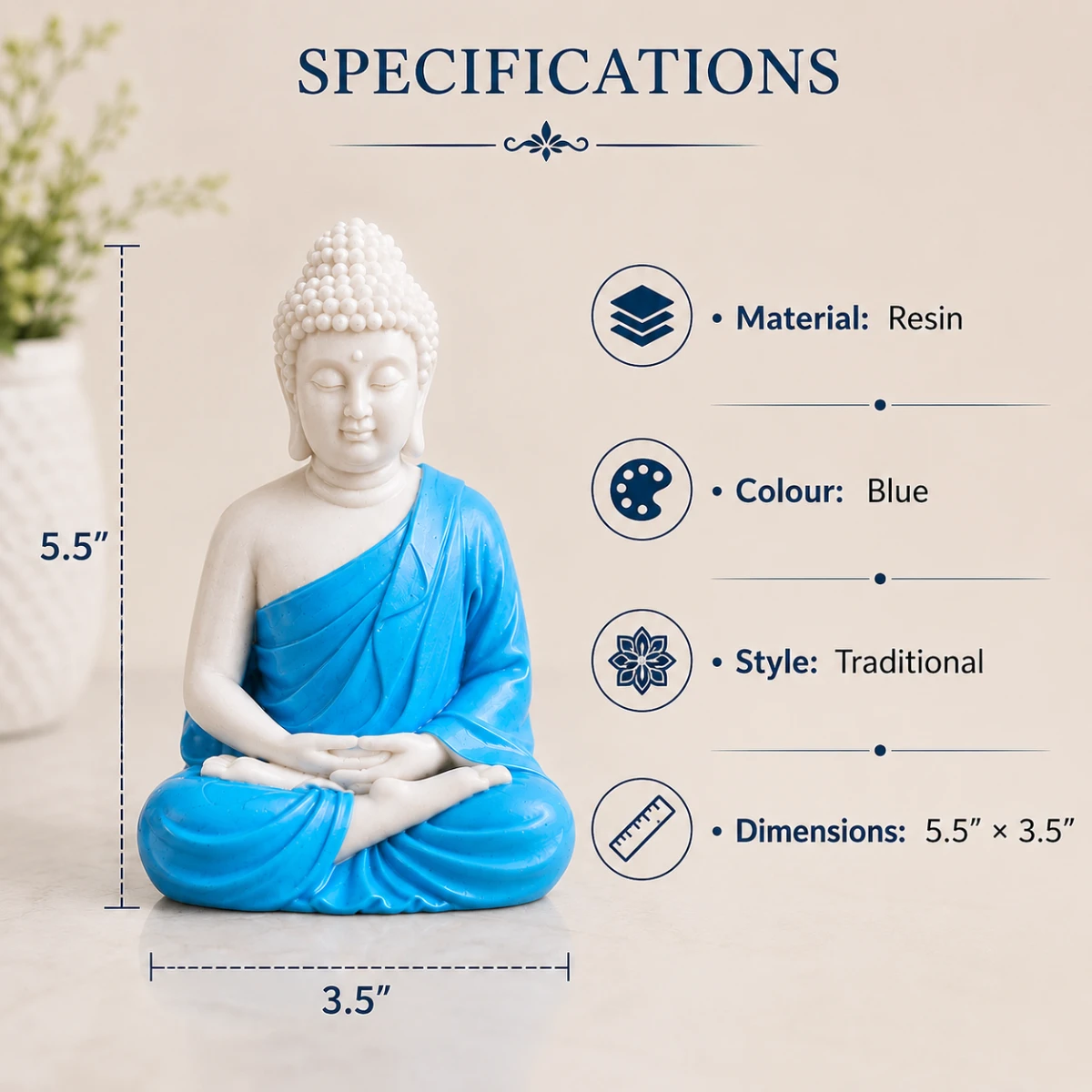 Specifications image of small blue Buddha statue showing resin material blue colour traditional style and dimensions