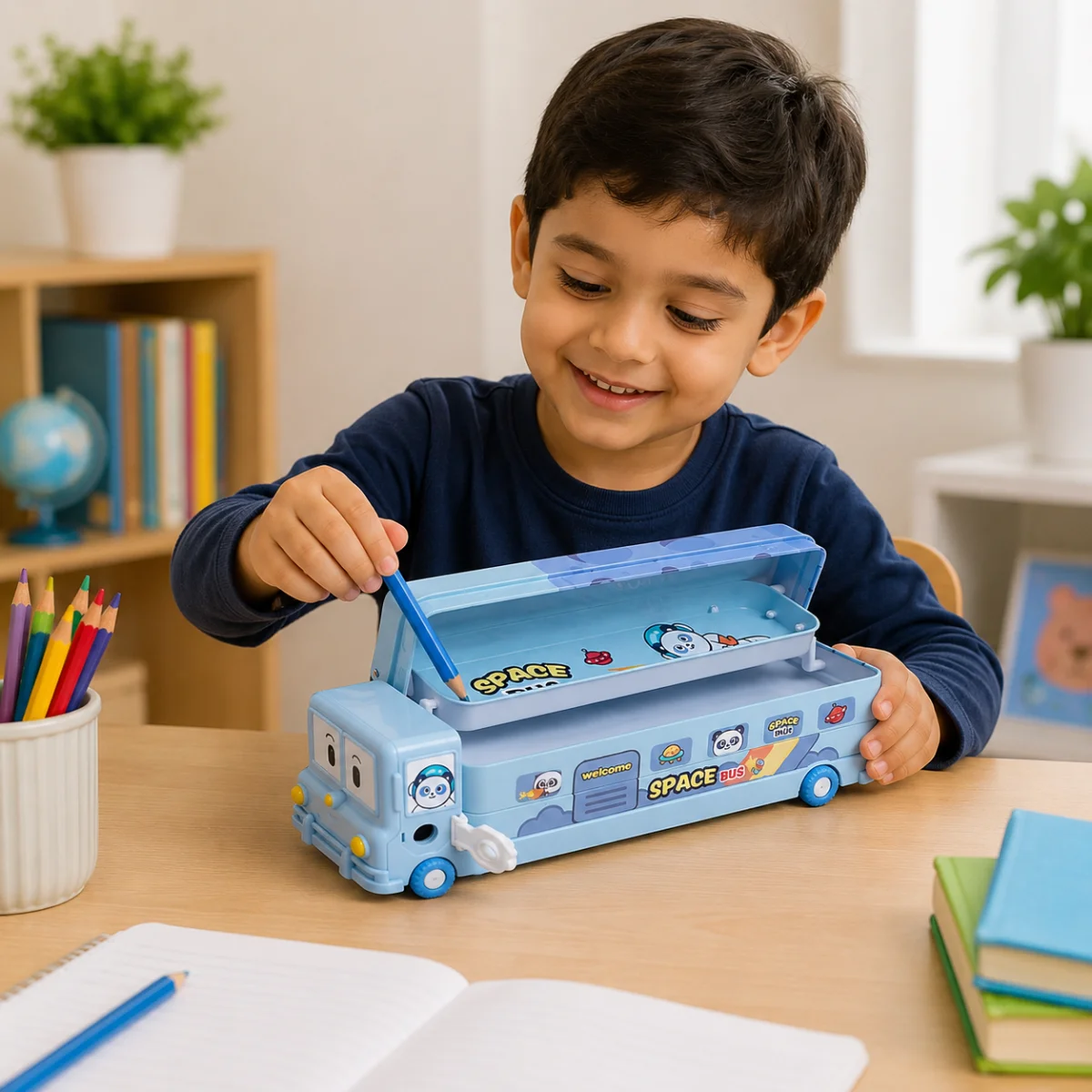 Kids using Space Bus pencil box with stationery supplies in colorful study room setup