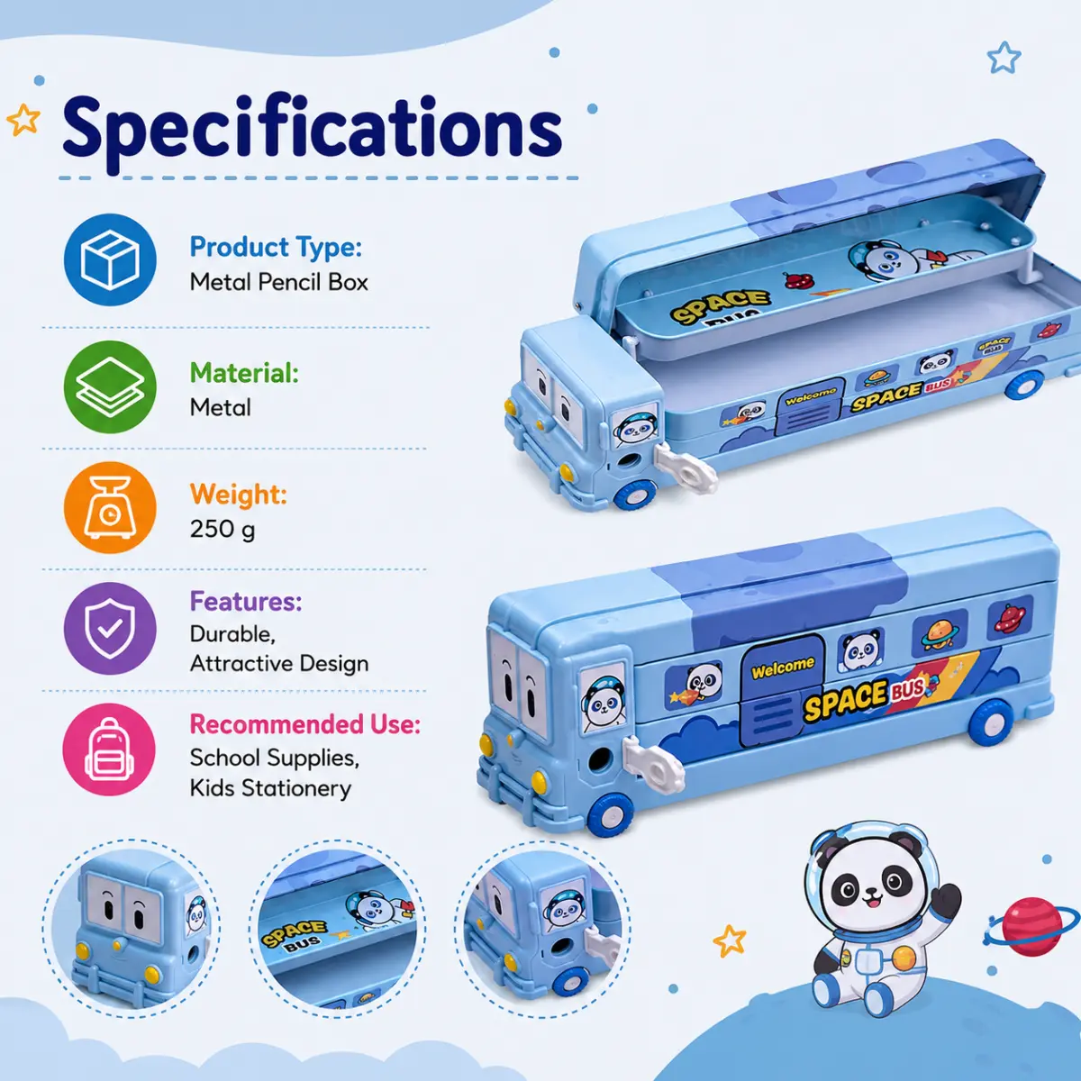 Space Bus metal pencil box specifications showing durable metal material 250 gram weight and kids stationery use infographic
