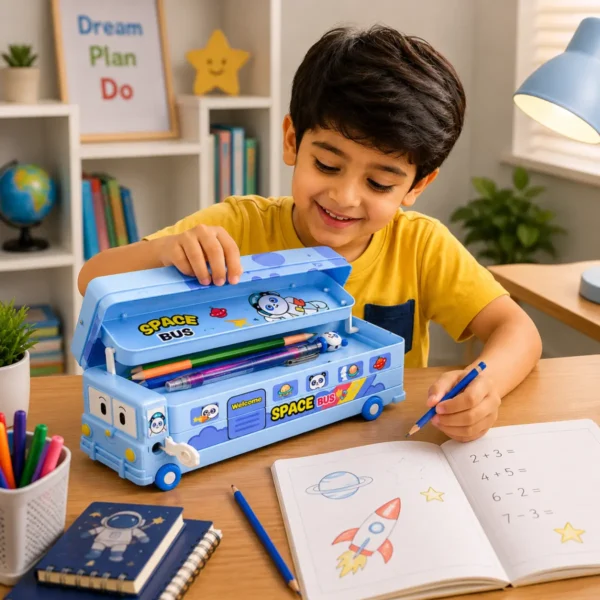 Space Bus metal pencil box placed on kids study table with books pencils and school supplies