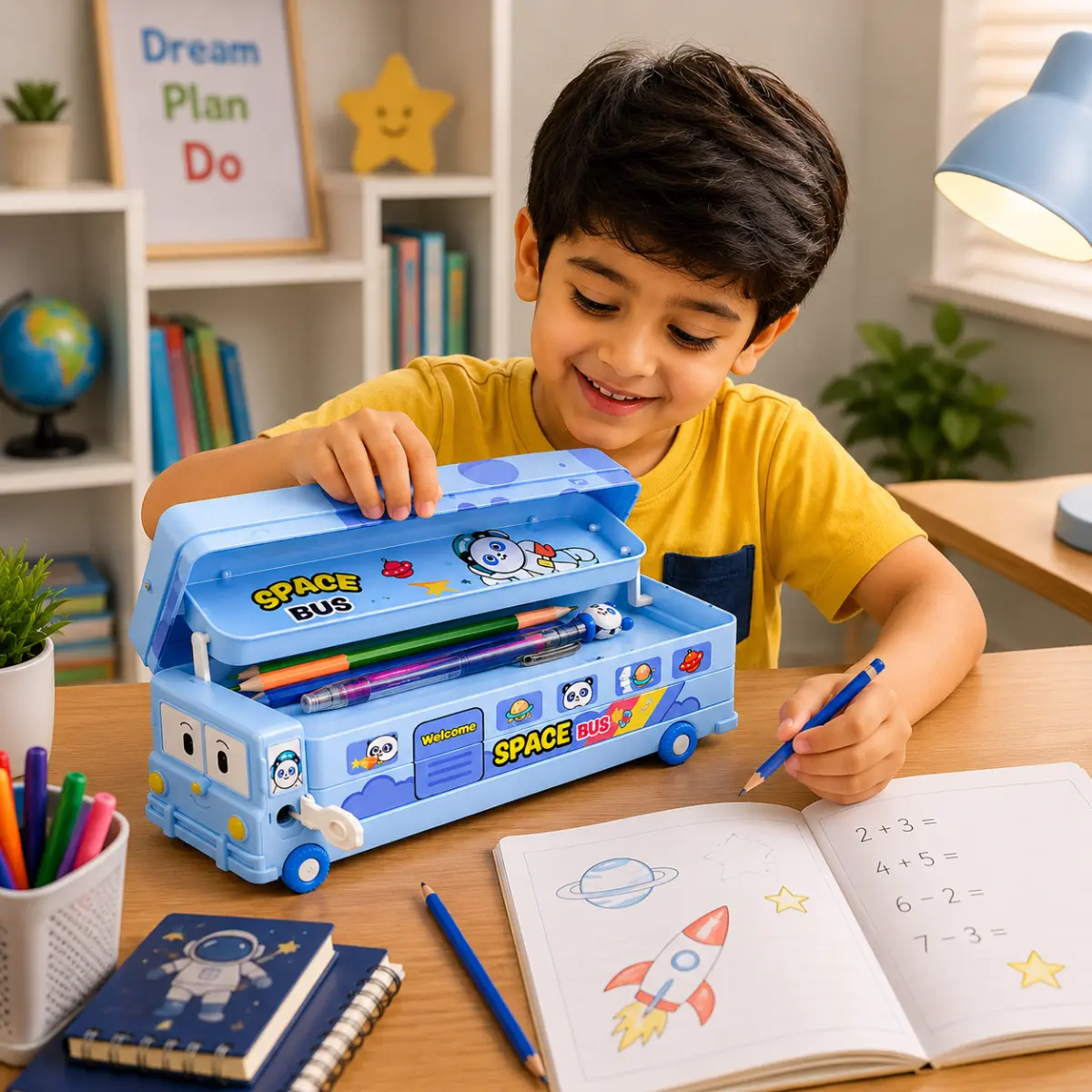 Space Bus metal pencil box placed on kids study table with books pencils and school supplies
