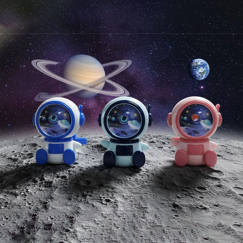 Colorful astronaut pencil sharpeners featuring unique galaxy design for children.