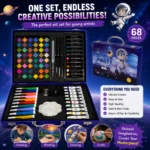 Durable space-themed art set with colorful supplies for creative activities.
