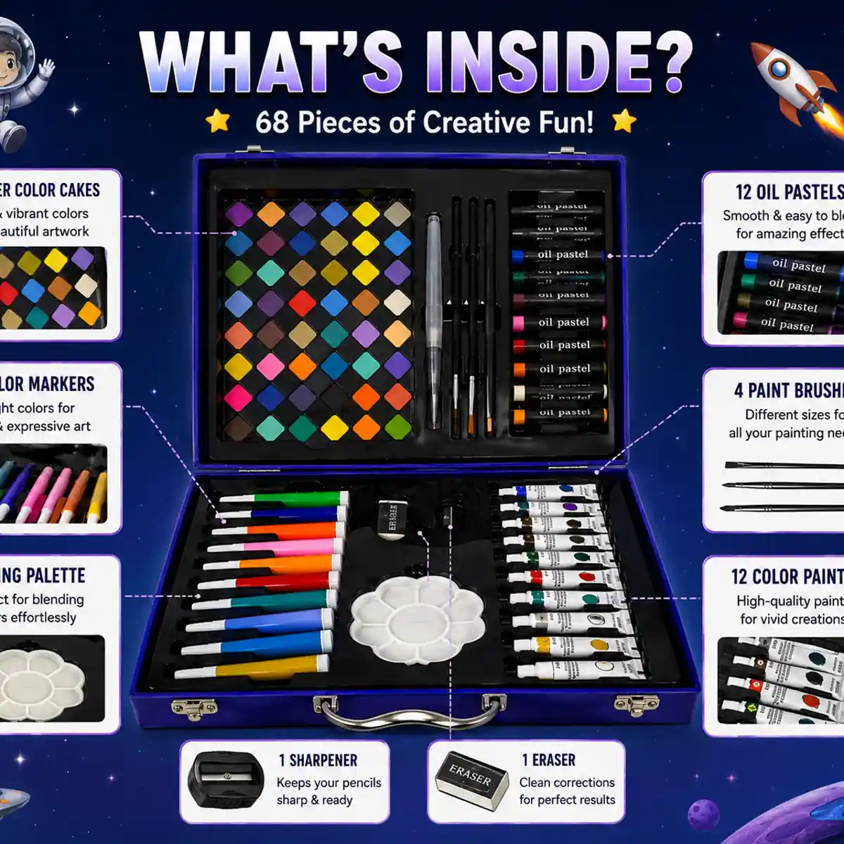 Premium space art kit showing complete painting and coloring supplies collection.