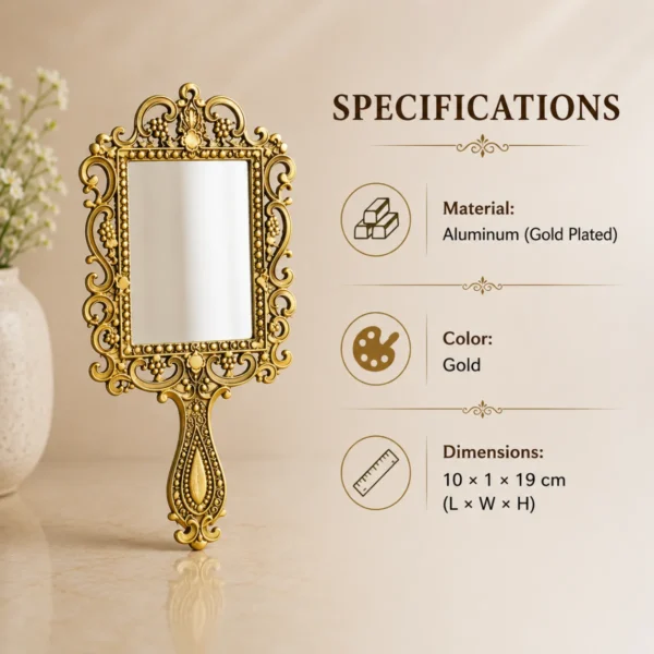 Specifications image of square shape gold plated metal hand mirror showing aluminum material gold color and dimensions details