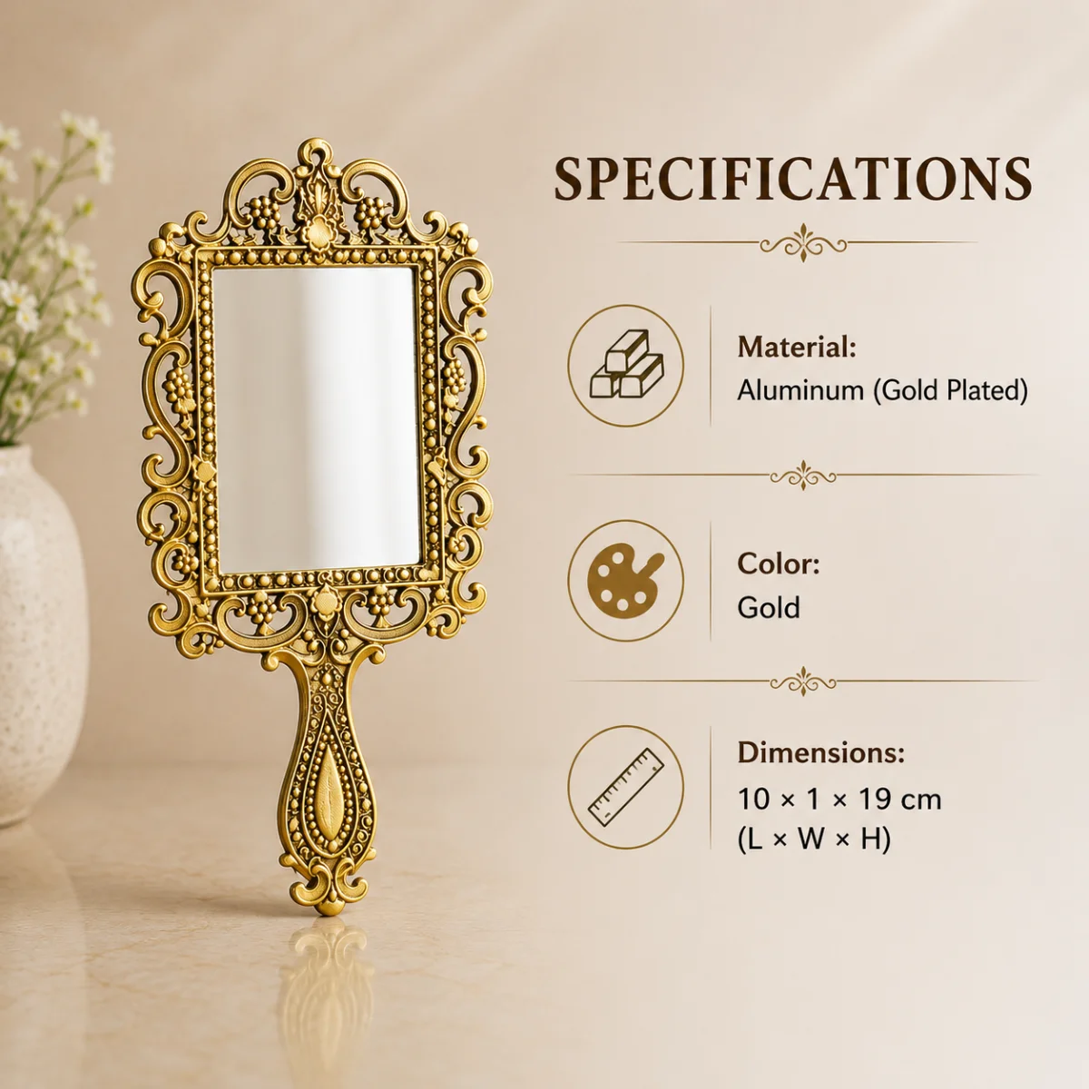 Specifications image of square shape gold plated metal hand mirror showing aluminum material gold color and dimensions details