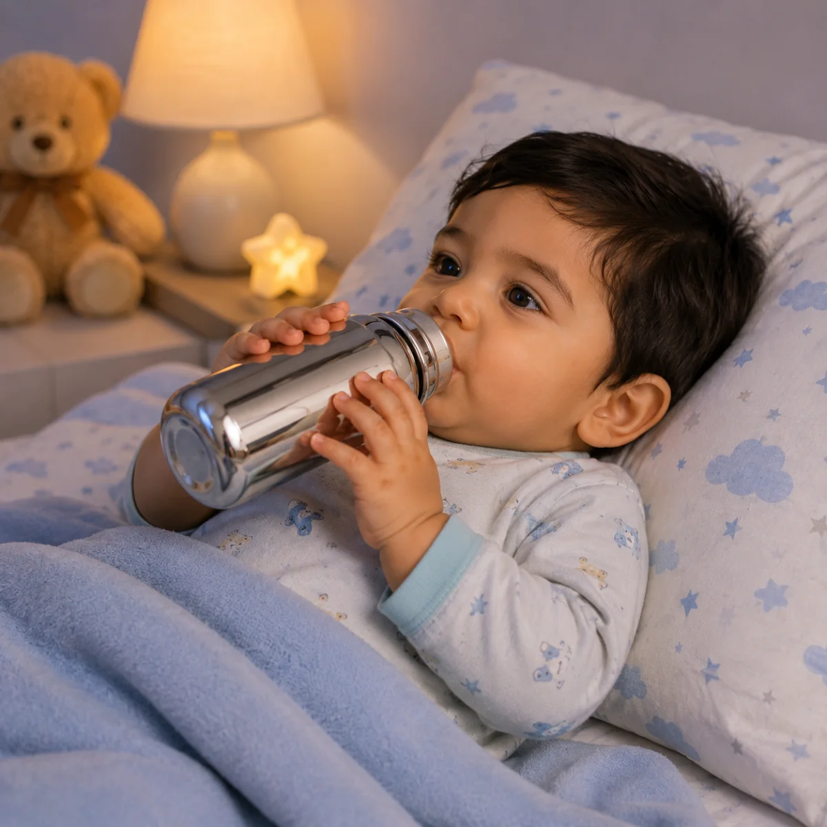 Cute baby drinking milk from stainless steel feeding bottle while resting on bed