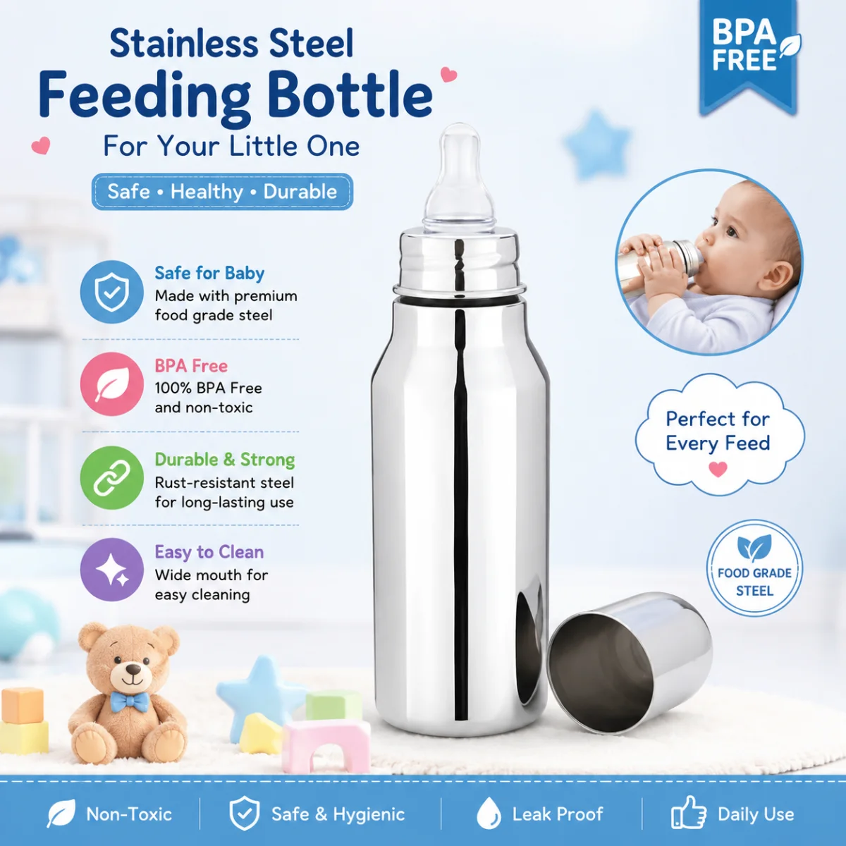 Stainless steel baby feeding bottle placed in cozy baby nursery room with soft toys and bedding