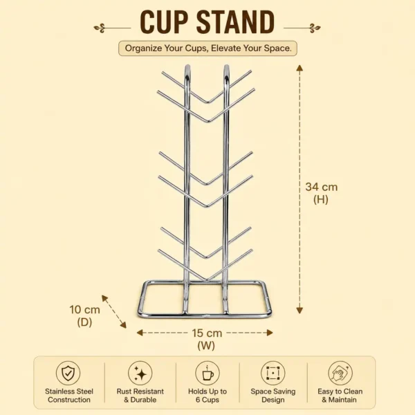 Durable cup stand with dimensions, stainless steel mug holder for kitchens.