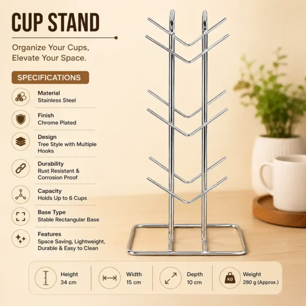 Premium chrome-plated cup stand with specifications and multi-hook storage design.