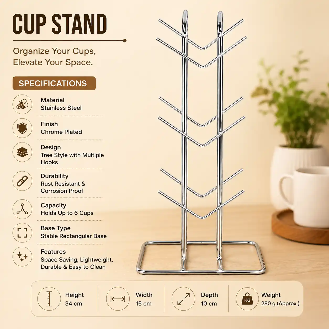 Premium chrome-plated cup stand with specifications and multi-hook storage design.