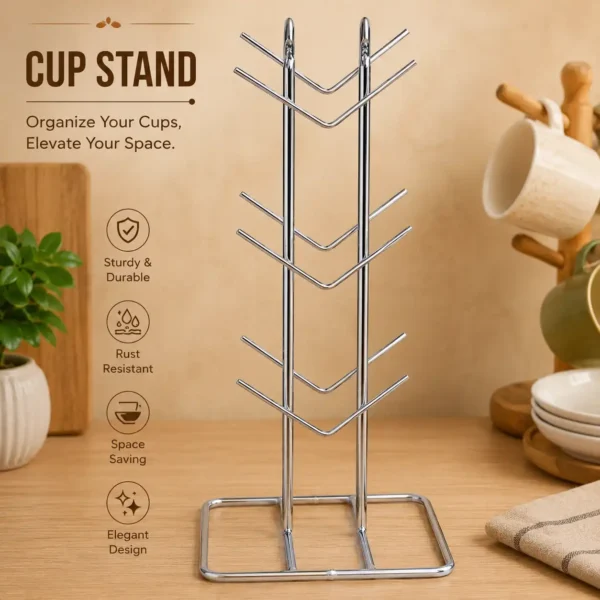 Elegant kitchen cup stand organizer with rust-resistant chrome-plated metal frame.